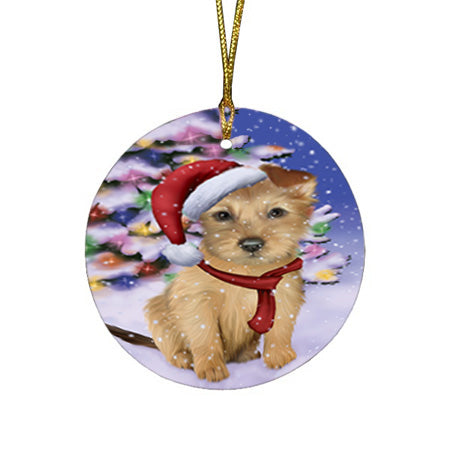 Winterland Wonderland Australian Terrier Dog In Christmas Holiday Scenic Background Round Flat Christmas Ornament RFPOR53721