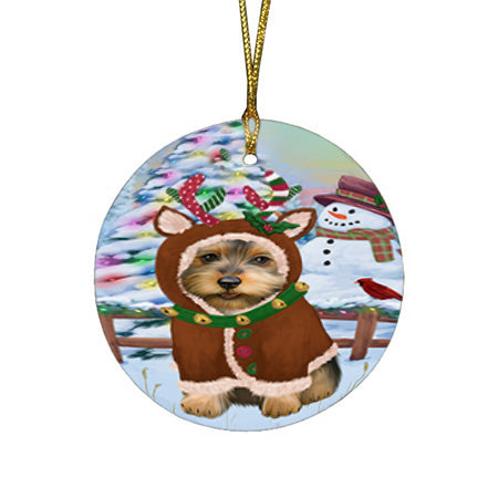 Christmas Gingerbread House Candyfest Australian Terrier Dog Round Flat Christmas Ornament RFPOR56515