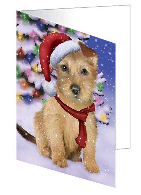 Winterland Wonderland Australian Terrier Dog In Christmas Holiday Scenic Background Handmade Artwork Assorted Pets Greeting Cards and Note Cards with Envelopes for All Occasions and Holiday Seasons GCD65219