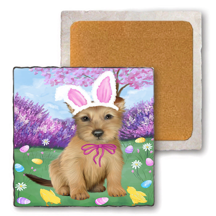 Easter Holiday Australian Terrier Dog Set of 4 Natural Stone Marble Tile Coasters MCST51871