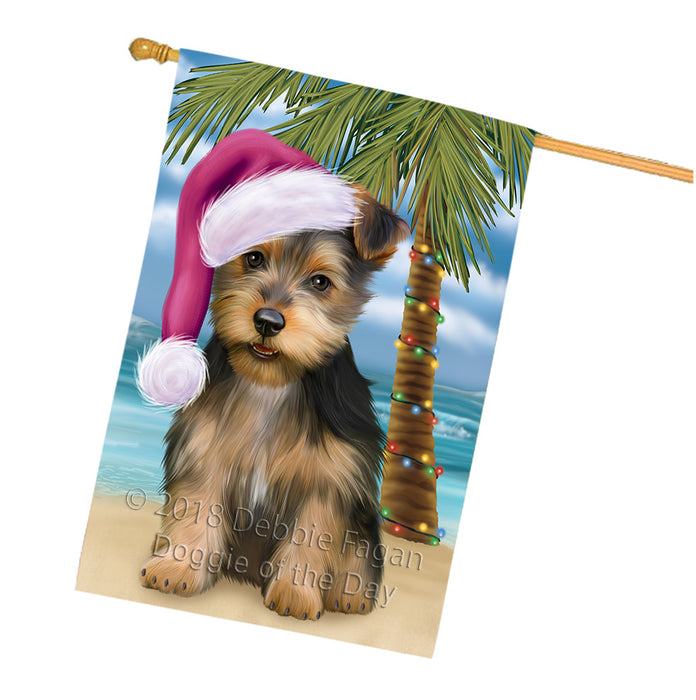 Summertime Happy Holidays Christmas Australian Terrier Dog on Tropical Island Beach House Flag FLG54731