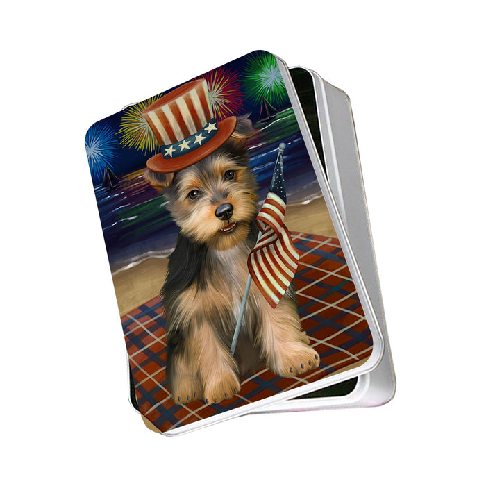 4th of July Independence Day Firework Australian Terrier Dog Photo Storage Tin PITN52399