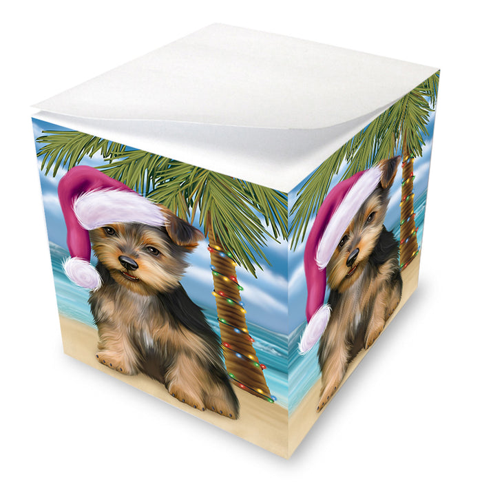Summertime Happy Holidays Christmas Australian Terrier Dog on Tropical Island Beach Note Cube NOC56051