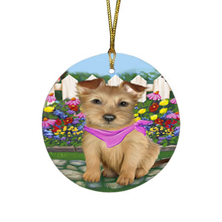 Spring Floral Australian Terrier Dog Round Flat Christmas Ornament RFPOR52223