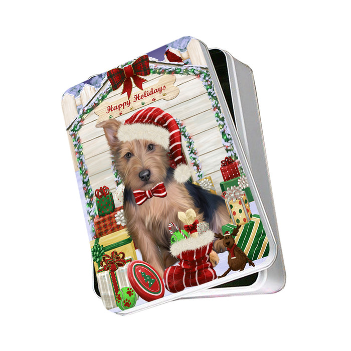 Happy Holidays Christmas Australian Terrier Dog With Presents Photo Storage Tin PITN52628