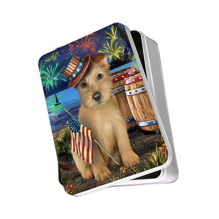 4th of July Independence Day Fireworks Australian Terrier Dog at the Lake Photo Storage Tin PITN51085