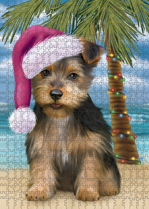 Summertime Happy Holidays Christmas Australian Terrier Dog on Tropical Island Beach Puzzle with Photo Tin PUZL85288