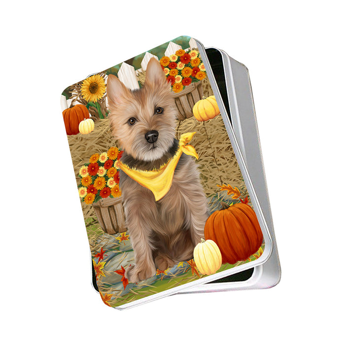 Fall Autumn Greeting Australian Terrier Dog with Pumpkins Photo Storage Tin PITN52303