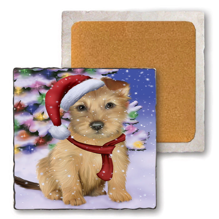 Winterland Wonderland Australian Terrier Dog In Christmas Holiday Scenic Background Set of 4 Natural Stone Marble Tile Coasters MCST48730