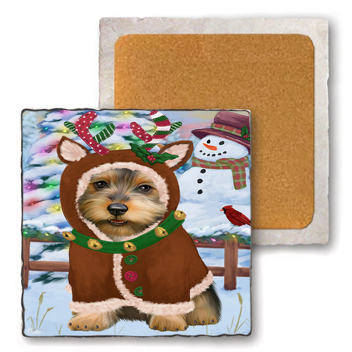 Christmas Gingerbread House Candyfest Australian Terrier Dog Set of 4 Natural Stone Marble Tile Coasters MCST51159