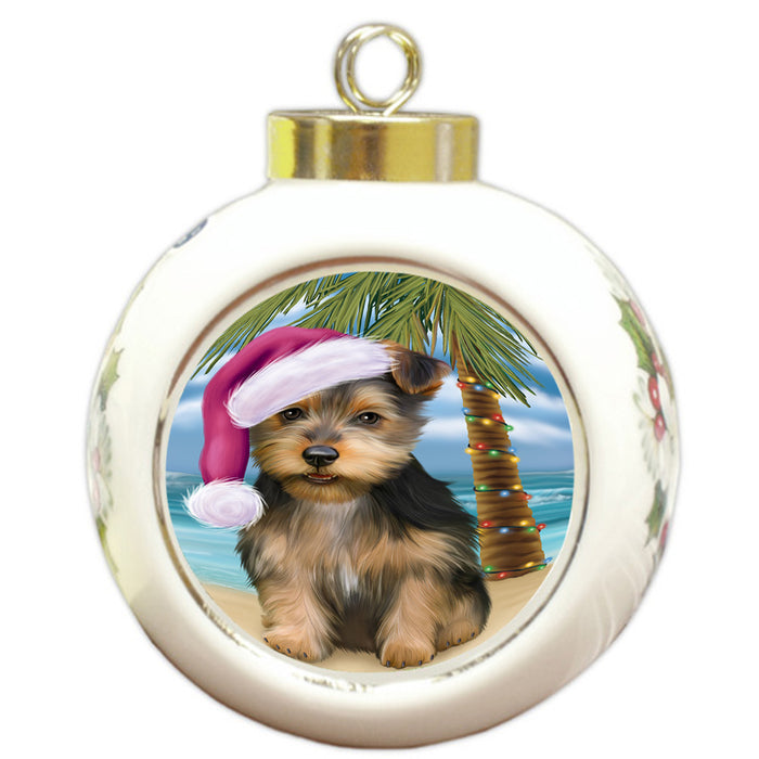 Summertime Happy Holidays Christmas Australian Terrier Dog on Tropical Island Beach Round Ball Christmas Ornament RBPOR54533