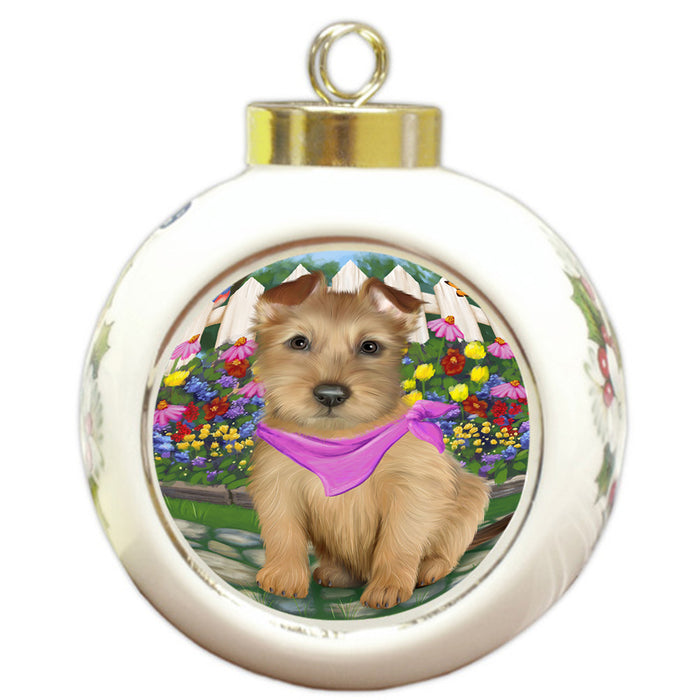 Spring Floral Australian Terrier Dog Round Ball Christmas Ornament RBPOR52232