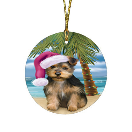 Summertime Happy Holidays Christmas Australian Terrier Dog on Tropical Island Beach Round Flat Christmas Ornament RFPOR54524