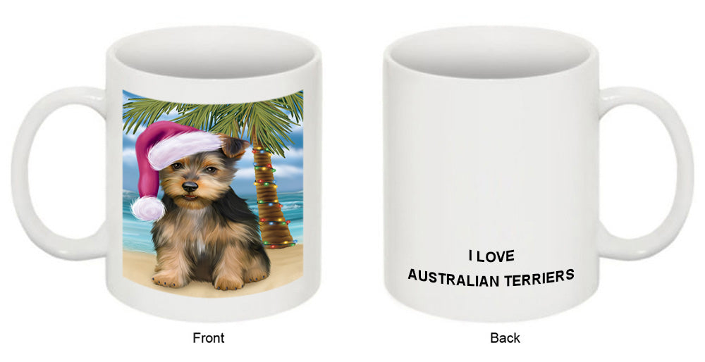 Summertime Happy Holidays Christmas Australian Terrier Dog on Tropical Island Beach Coffee Mug MUG49803