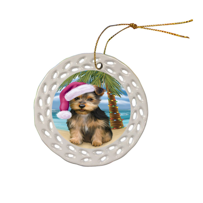 Summertime Happy Holidays Christmas Australian Terrier Dog on Tropical Island Beach Ceramic Doily Ornament DPOR54533