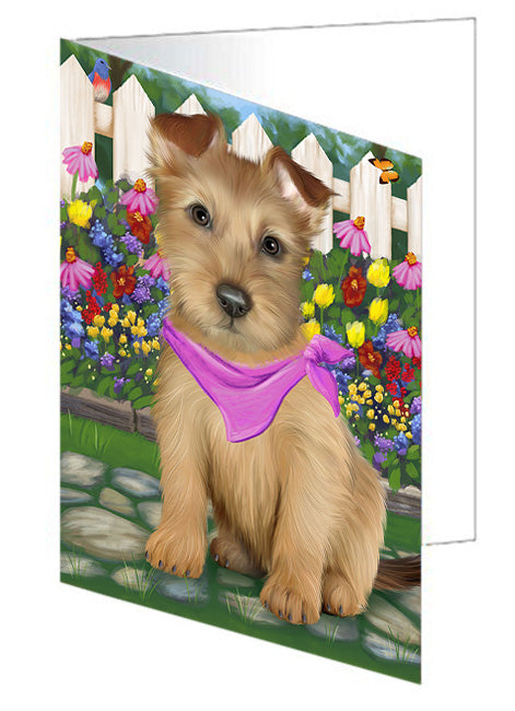 Spring Floral Australian Terrier Dog Handmade Artwork Assorted Pets Greeting Cards and Note Cards with Envelopes for All Occasions and Holiday Seasons GCD60725