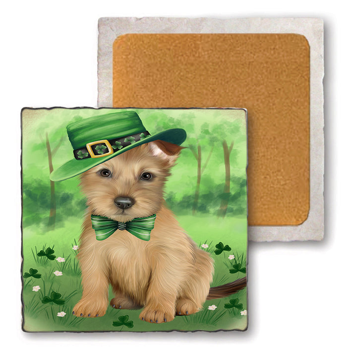 St. Patricks Day Irish Portrait Australian Terrier Dog Set of 4 Natural Stone Marble Tile Coasters MCST51975