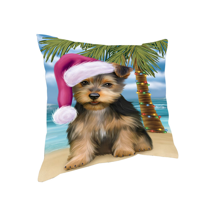 Summertime Happy Holidays Christmas Australian Terrier Dog on Tropical Island Beach Pillow PIL74756
