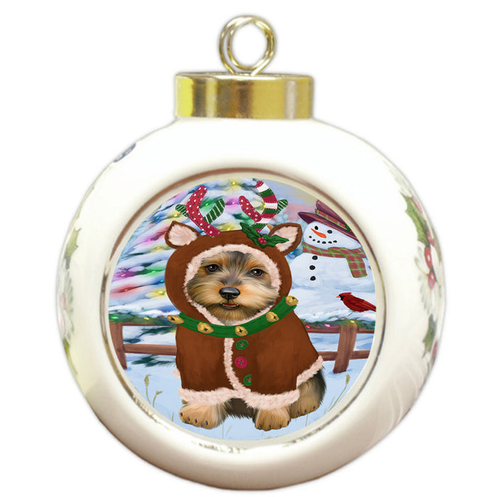 Christmas Gingerbread House Candyfest Australian Terrier Dog Round Ball Christmas Ornament RBPOR56515