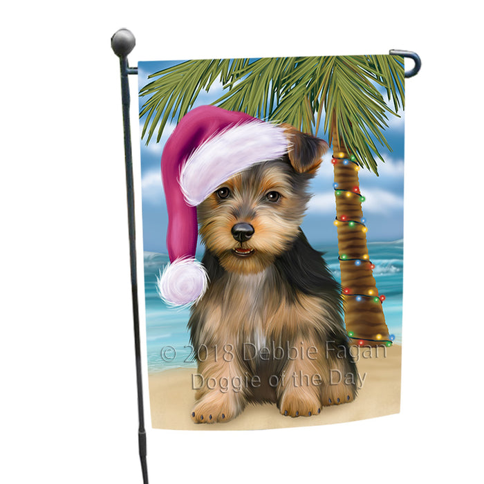 Summertime Happy Holidays Christmas Australian Terrier Dog on Tropical Island Beach Garden Flag GFLG54595