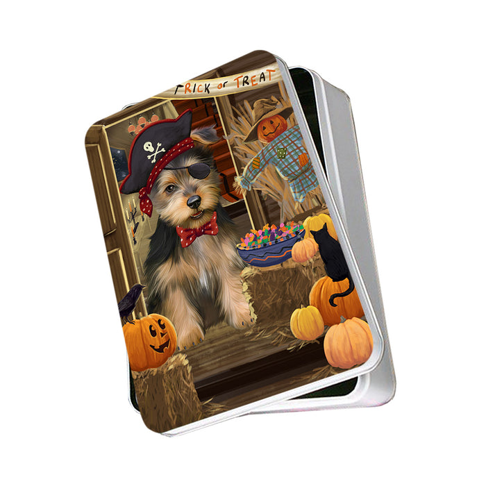 Enter at Own Risk Trick or Treat Halloween Australian Terrier Dog Photo Storage Tin PITN52971