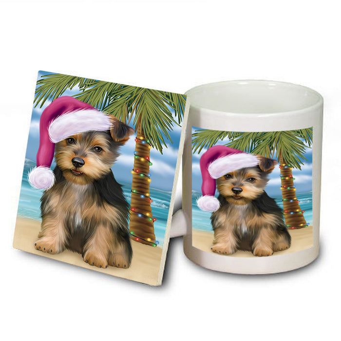 Summertime Happy Holidays Christmas Australian Terrier Dog on Tropical Island Beach Mug and Coaster Set MUC54397