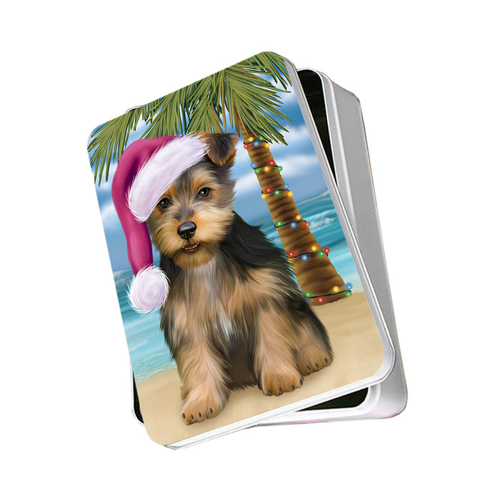 Summertime Happy Holidays Christmas Australian Terrier Dog on Tropical Island Beach Photo Storage Tin PITN54348
