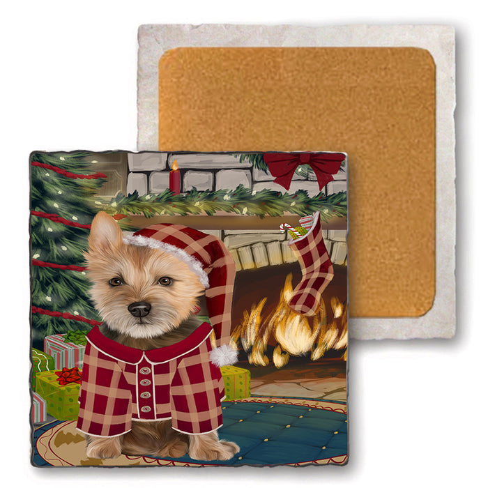 The Stocking was Hung Australian Terrier Dog Set of 4 Natural Stone Marble Tile Coasters MCST50186