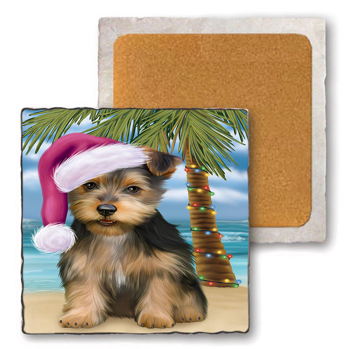 Summertime Happy Holidays Christmas Australian Terrier Dog on Tropical Island Beach Set of 4 Natural Stone Marble Tile Coasters MCST49405