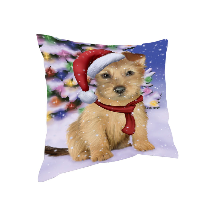 Winterland Wonderland Australian Terrier Dog In Christmas Holiday Scenic Background Pillow PIL71544