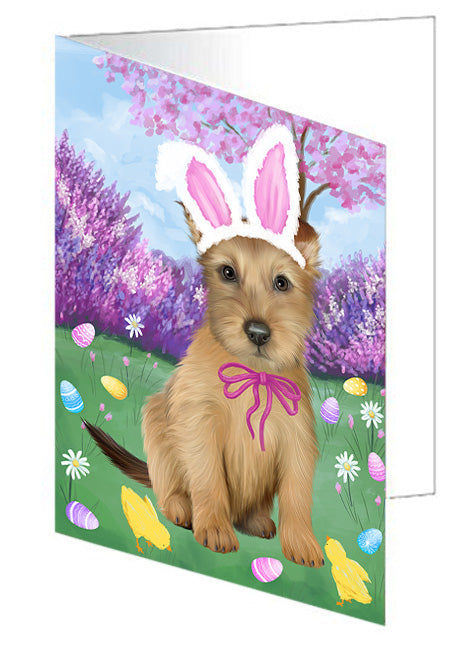 Easter Holiday Australian Terrier Dog Handmade Artwork Assorted Pets Greeting Cards and Note Cards with Envelopes for All Occasions and Holiday Seasons GCD76127