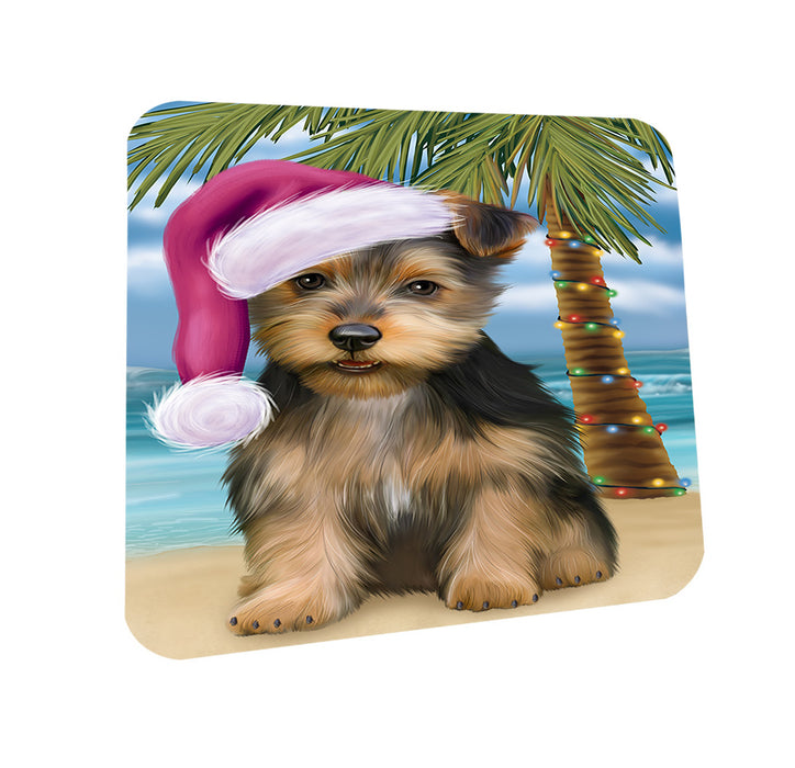 Summertime Happy Holidays Christmas Australian Terrier Dog on Tropical Island Beach Coasters Set of 4 CST54363