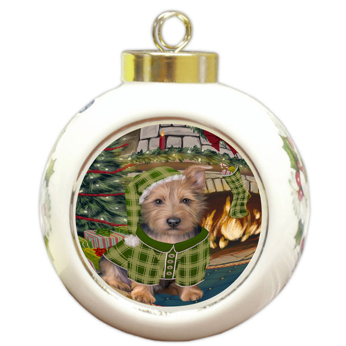 The Stocking was Hung Australian Terrier Dog Round Ball Christmas Ornament RBPOR55543