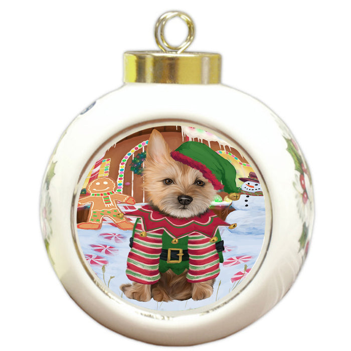 Christmas Gingerbread House Candyfest Australian Terrier Dog Round Ball Christmas Ornament RBPOR56516