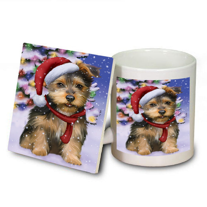 Winterland Wonderland Australian Terrier Dog In Christmas Holiday Scenic Background Mug and Coaster Set MUC53723