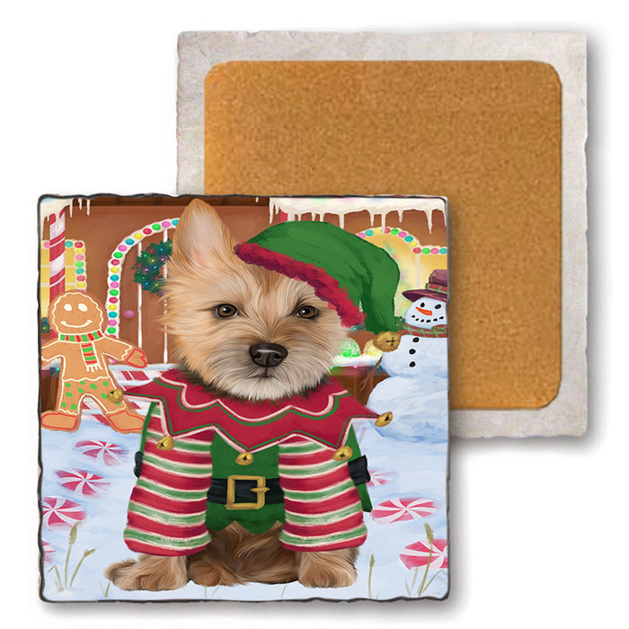 Christmas Gingerbread House Candyfest Australian Terrier Dog Set of 4 Natural Stone Marble Tile Coasters MCST51160