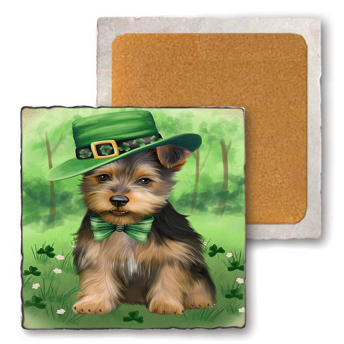 St. Patricks Day Irish Portrait Australian Terrier Dog Set of 4 Natural Stone Marble Tile Coasters MCST51976