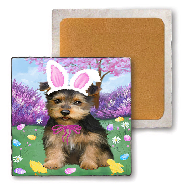Easter Holiday Australian Terrier Dog Set of 4 Natural Stone Marble Tile Coasters MCST51872