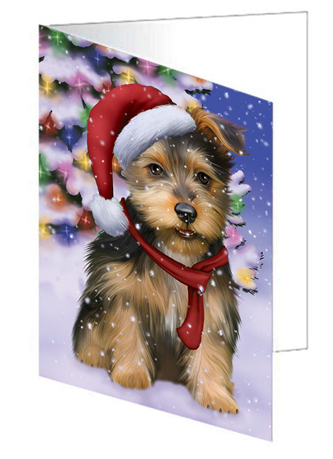 Winterland Wonderland Australian Terrier Dog In Christmas Holiday Scenic Background Handmade Artwork Assorted Pets Greeting Cards and Note Cards with Envelopes for All Occasions and Holiday Seasons GCD65222