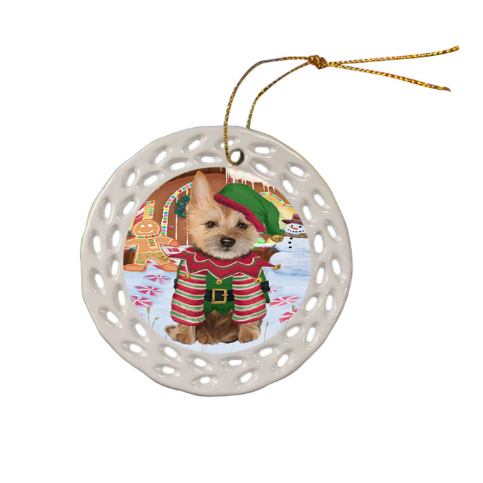 Christmas Gingerbread House Candyfest Australian Terrier Dog Ceramic Doily Ornament DPOR56516