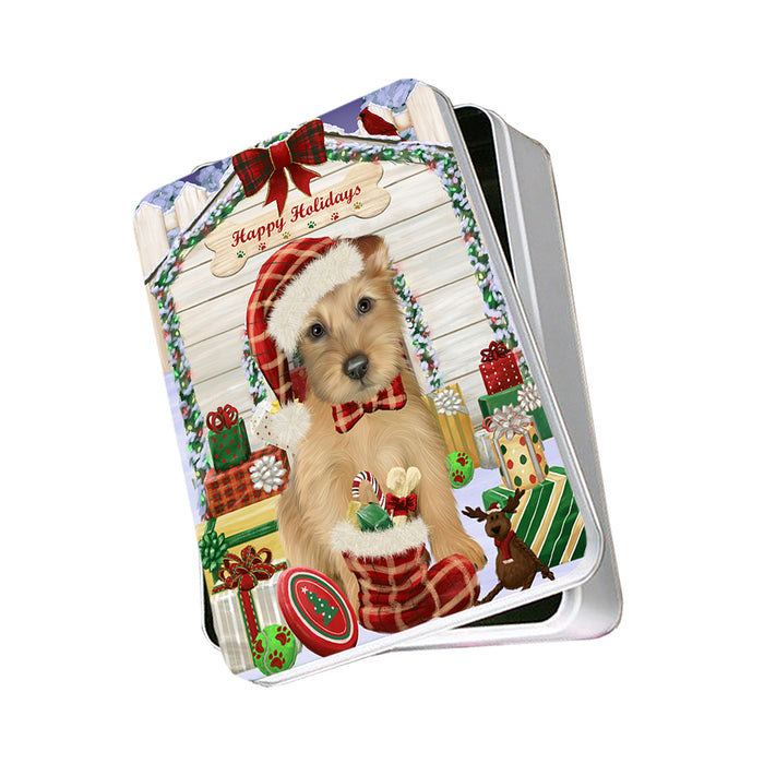 Happy Holidays Christmas Australian Terrier Dog With Presents Photo Storage Tin PITN52629