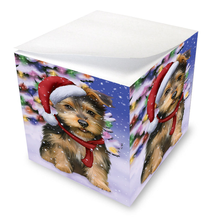 Winterland Wonderland Australian Terrier Dog In Christmas Holiday Scenic Background Note Cube NOC55377
