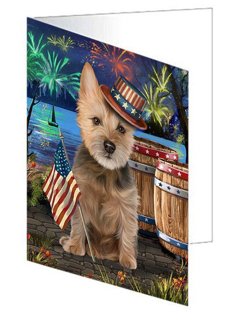 4th of July Independence Day Fireworks Australian Terrier Dog at the Lake Handmade Artwork Assorted Pets Greeting Cards and Note Cards with Envelopes for All Occasions and Holiday Seasons GCD57287