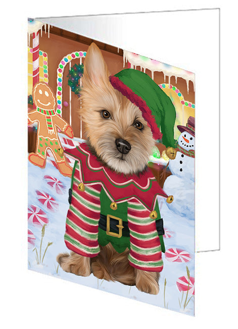 Christmas Gingerbread House Candyfest Australian Terrier Dog Handmade Artwork Assorted Pets Greeting Cards and Note Cards with Envelopes for All Occasions and Holiday Seasons GCD72995