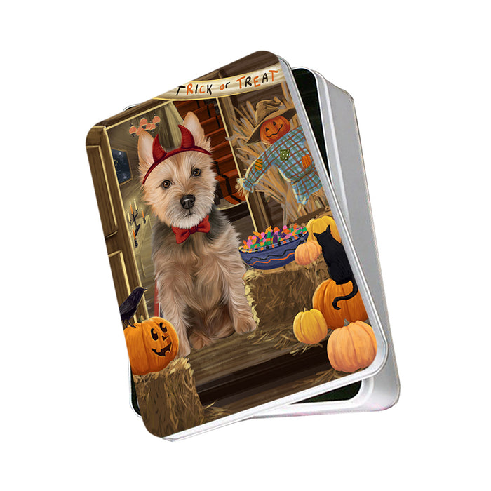 Enter at Own Risk Trick or Treat Halloween Australian Terrier Dog Photo Storage Tin PITN52972