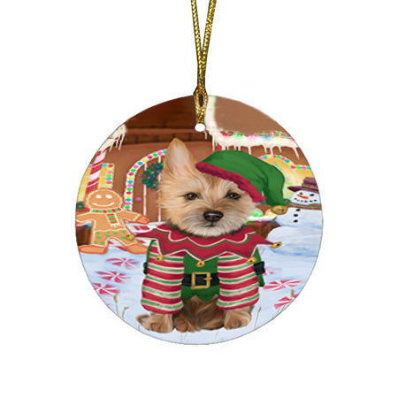 Christmas Gingerbread House Candyfest Australian Terrier Dog Round Flat Christmas Ornament RFPOR56516