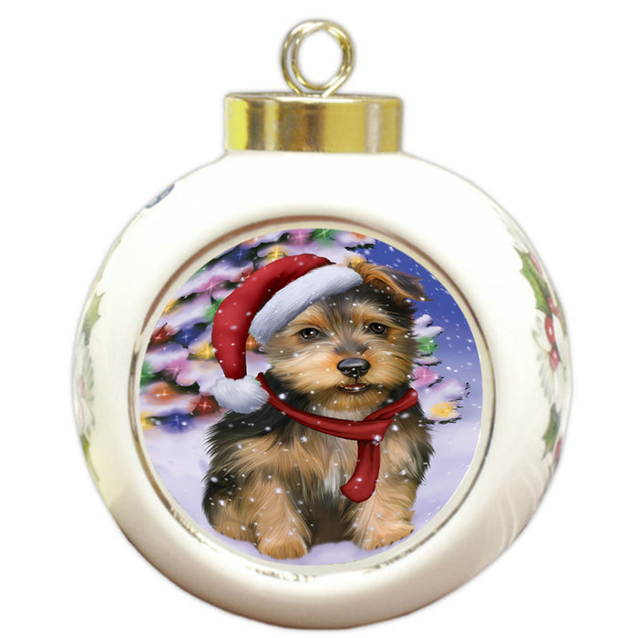 Winterland Wonderland Australian Terrier Dog In Christmas Holiday Scenic Background Round Ball Christmas Ornament RBPOR53731