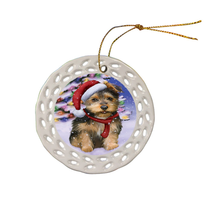 Winterland Wonderland Australian Terrier Dog In Christmas Holiday Scenic Background Ceramic Doily Ornament DPOR53731