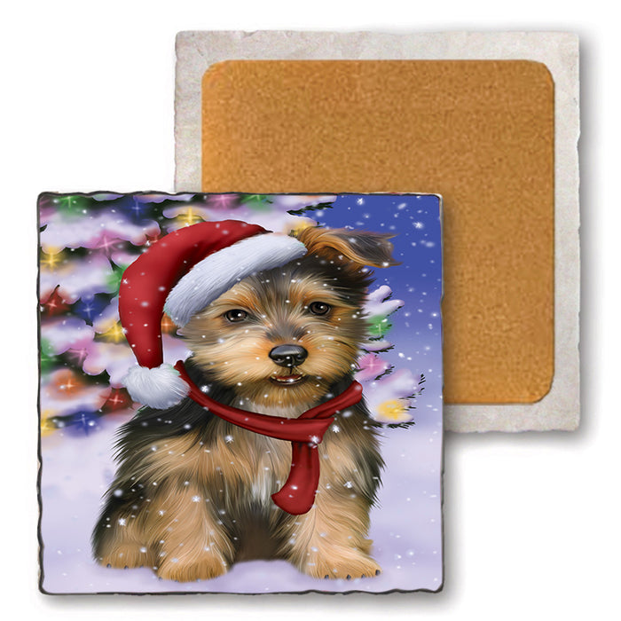 Winterland Wonderland Australian Terrier Dog In Christmas Holiday Scenic Background Set of 4 Natural Stone Marble Tile Coasters MCST48731