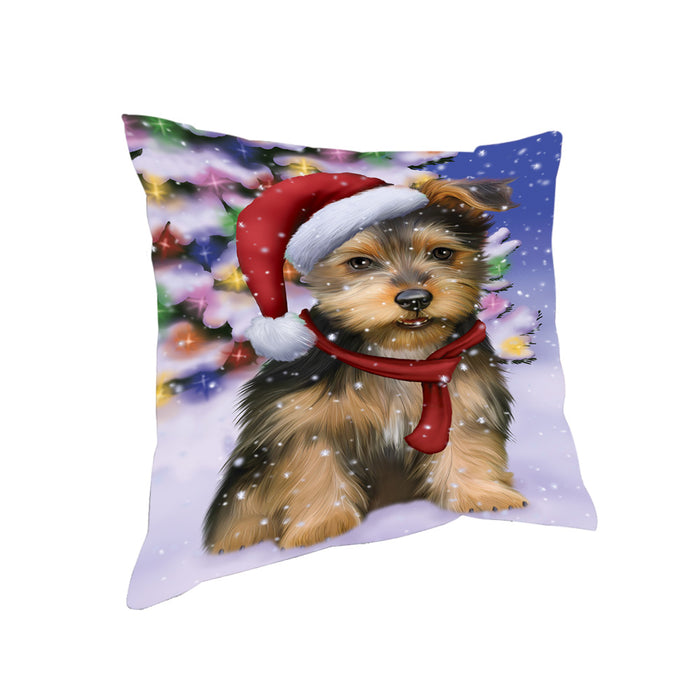 Winterland Wonderland Australian Terrier Dog In Christmas Holiday Scenic Background Pillow PIL71548